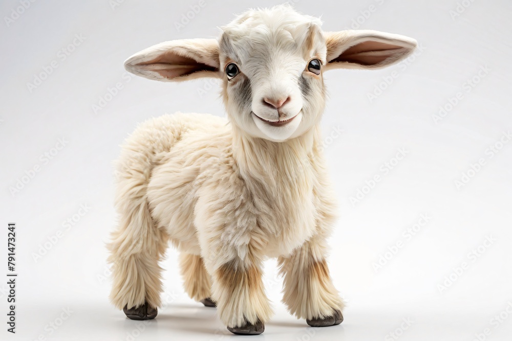 Fototapeta premium Realistic adorable goat stuffed toy is standing, cute pet concept, isolated on white background