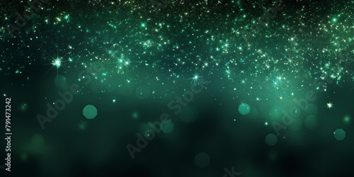 Green glitter texture background with dark shadows, glowing stars, and subtle sparkles with copy space for photo text or product, blank empty copyspace