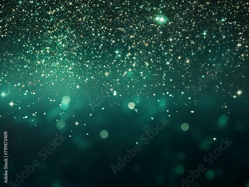 Green glitter texture background with dark shadows, glowing stars, and subtle sparkles with copy space for photo text or product, blank empty copyspace