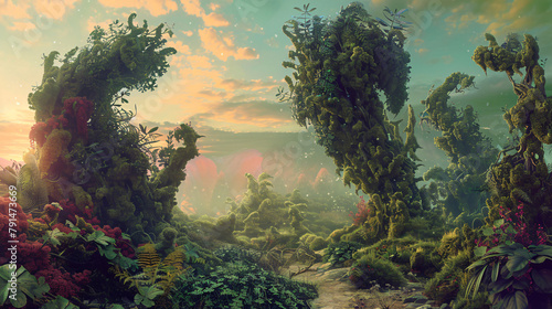 Fantasy landscape with lot strange plants and vegetation 