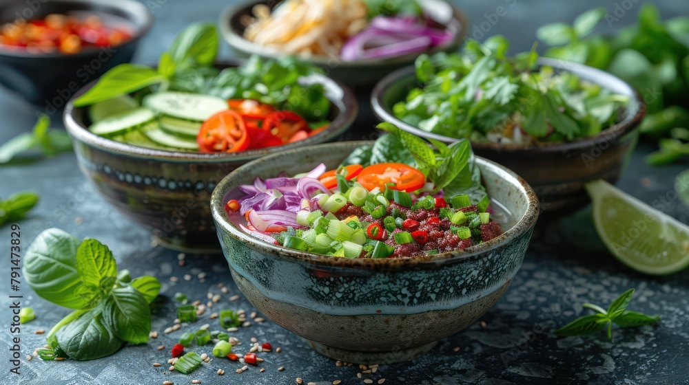 Vibrant bowls of Vietnamese Pho served with fresh herbs. Vibrant bowls of Vietnamese Pho served with fresh herbs.