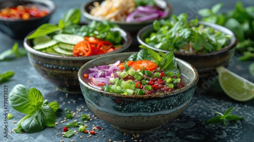 Vibrant bowls of Vietnamese Pho served with fresh herbs.