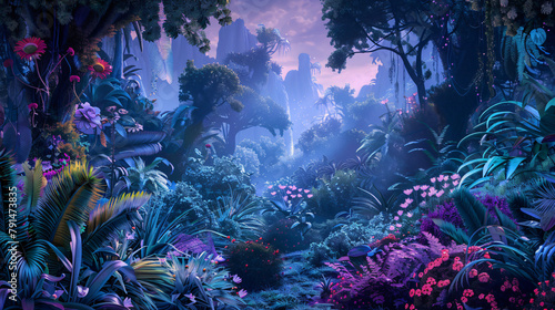 Fantasy landscape with lot strange plants and vegetation 