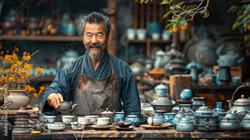 A Man learning how to ceremonially pour Chinese tea in Shanghai. photo