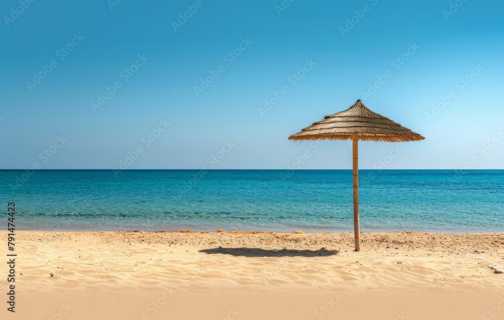Empty sand beach with a straw umbrella