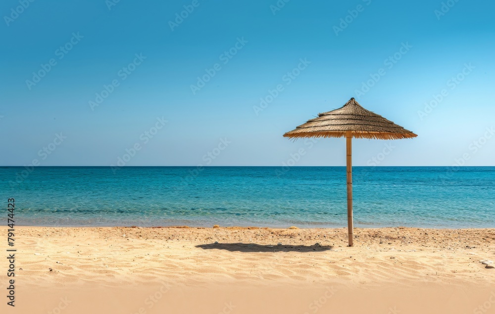 Empty sand beach with a straw umbrella Empty sand beach with a straw umbrella