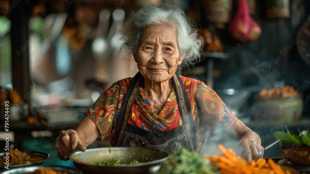 Elderly Thai woman cooking green curry in an outdoor kitchen. Elderly Thai woman cooking green curry in an outdoor kitchen.