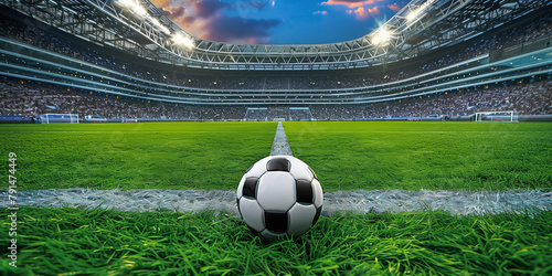 A soccer ball rests on top of a vibrant green field  awaiting the game to begin.