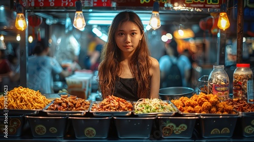 Asia woman at a Singaporean hawker center being taught about the fusion of Chinese and Malay culinary traditions.