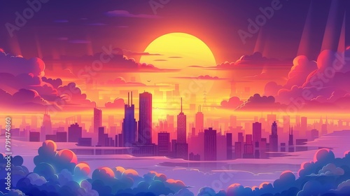 At sunset, the sun, clouds and skyscrapers encircle a cityscape. Modern cartoon illustration of an urban landscape with high buildings and downtown towers. photo