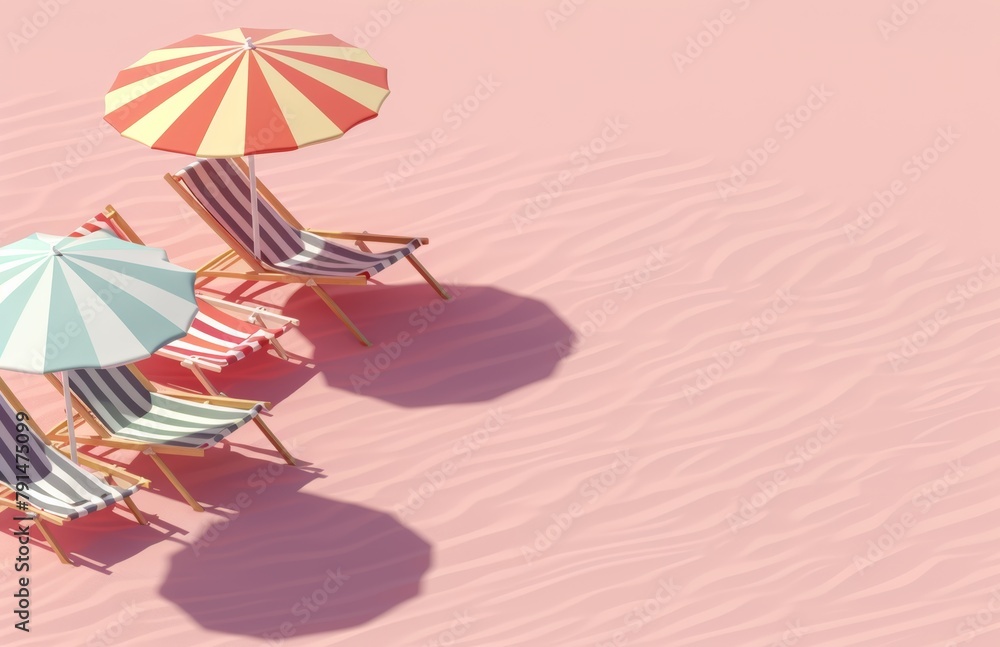 Fototapeta premium Isometric minimalistic composition of beach chairs and umbrellas