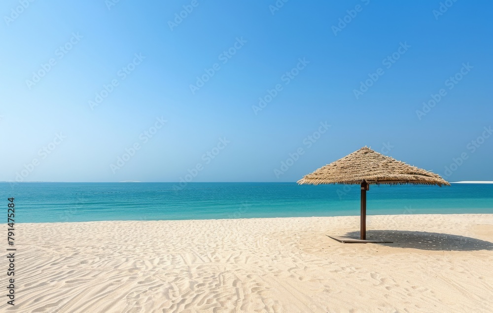 Empty sand beach with a straw umbrella
