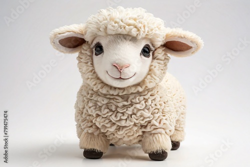 Adorable fluffly sheep stuffed toy standing on four legs  isolated on white background