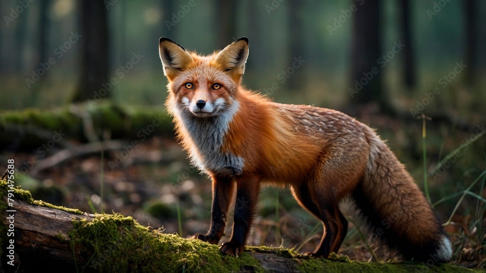 Portrait of a red fox sitting on a log in the woods forest. Animal mammal photography illustration. Vulpes vulpes. Portrait of a red fox sitting on a log in the woods forest. Animal mammal photography illustration. Vulpes vulpes.