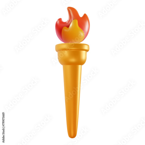 Torch with flame isolated on white background. Cartoon winner symbol in realistic cute 3d style. Vector illustration.
