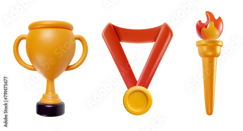 Torch with flame, gold medal and award trophy isolated on white background. Set cartoon winner symbol in realistic cute 3d style. Vector illustration.