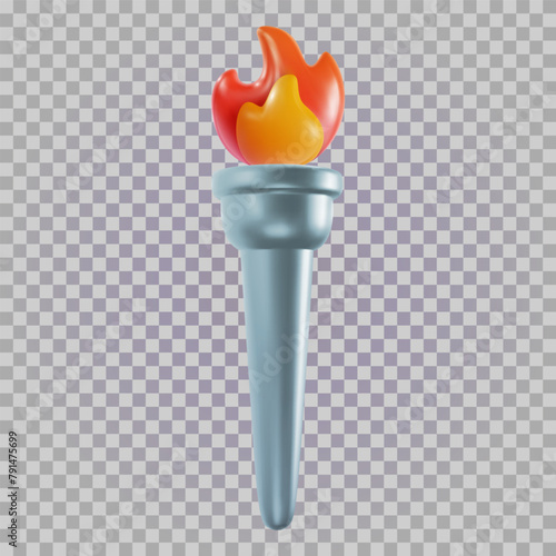 Torch with flame isolated on transparent background. Cartoon winner symbol in realistic cute 3d style. Vector illustration.