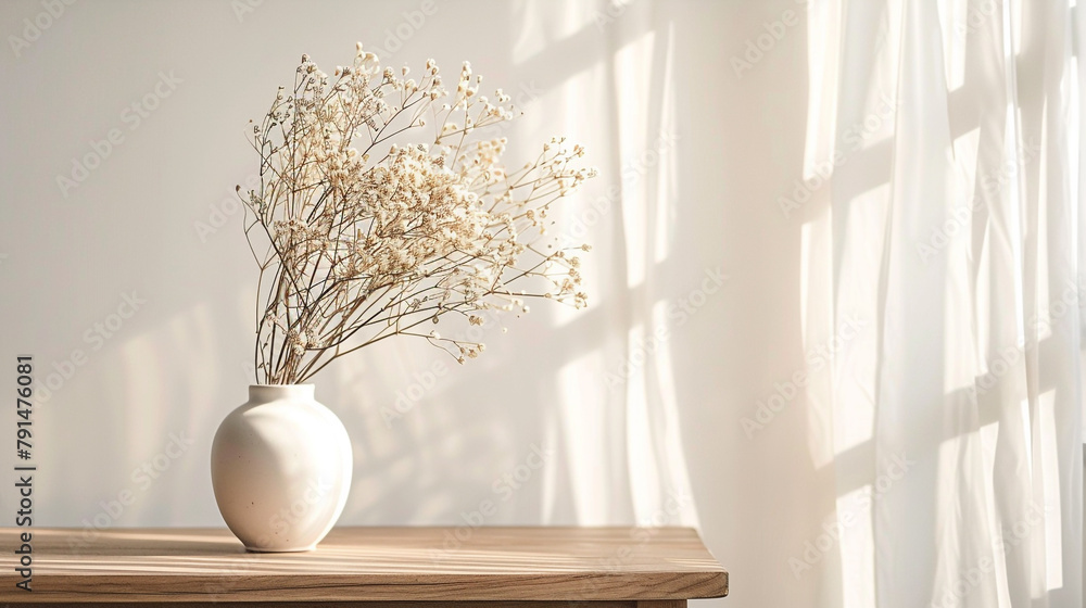 This image captures the essence of contemporary living, with a wooden table adorned with a white ceramic vase overflowing with delicate dry spikelets, infusing the space with natural charm. This image captures the essence of contemporary living, with a wooden table adorned with a white ceramic vase overflowing with delicate dry spikelets, infusing the space with natural charm.
