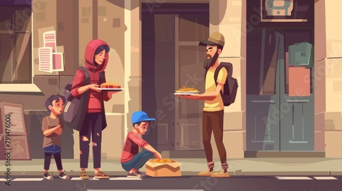 'Beggar's family, homeless people live on street in urban area. Concept of poverty, charity help to refugee, hobo. Modern illustration of volunteers serving food to the needy. photo