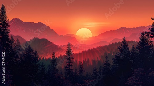 Sunburst over the Mountain Range, A spectacular sunburst floods the sky with warm hues above a layered mountain range, with silhouetted pines accentuating the beauty of the sunrise.