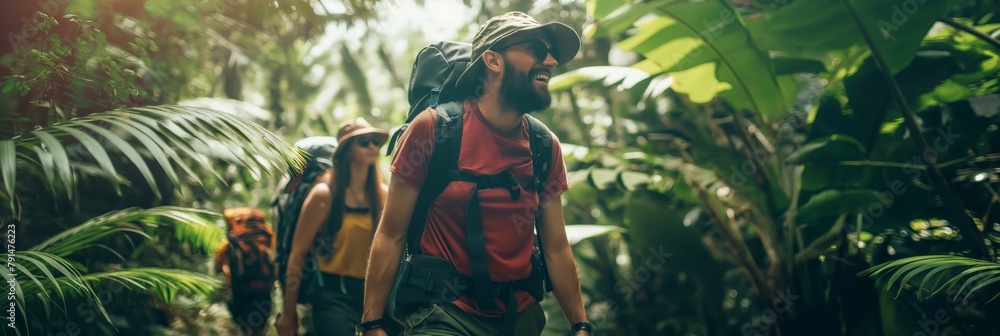 A group of adventurous hikers with backpacks trek through a dense jungle, exploring and discovering the lush environment - obrazy, fototapety, plakaty 