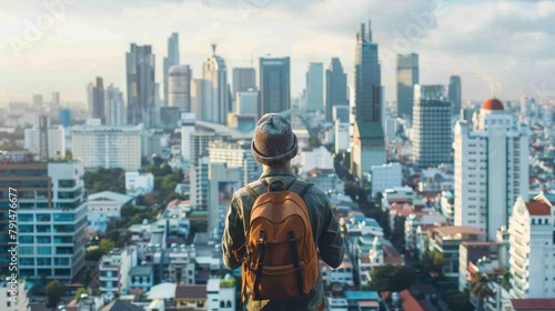 traveler with a backpack gazes at a bustling city skyline, ready to explore its hidden gems.