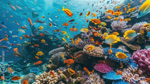 vibrant school of tropical fish swimming among coral reefs, showcasing nature's underwater beauty © buraratn