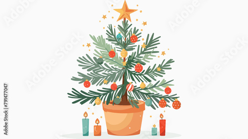 Christmas fir tree in pot. Xmas festive firtree decor photo