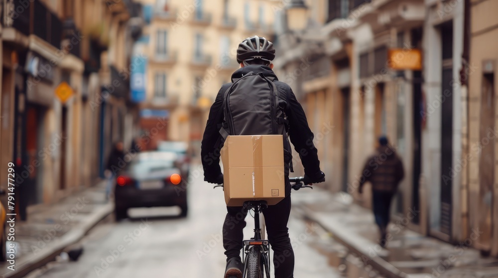 courier riding a bicycle through city streets, delivering packages in an eco-friendly manner