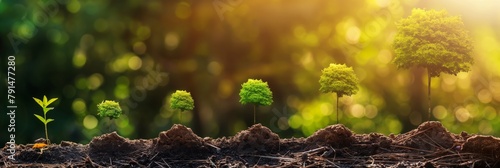This inspiring image shows the gradual growth of trees from seedling to full maturity against a vibrant, sunlit backdrop photo
