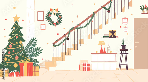 Christmas home interior stairs in holiday decorations © Austin