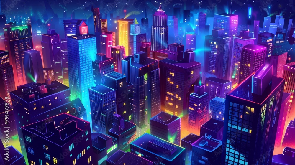 A night view of neon-lit skyscrapers glowing in the darkness. Modern megalopolis architecture and apartment buildings. Background of big city life. Modern illustration.