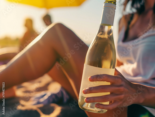 여름 휴가, 해변 모래사장의 차가운 화이트 와인과 사람들