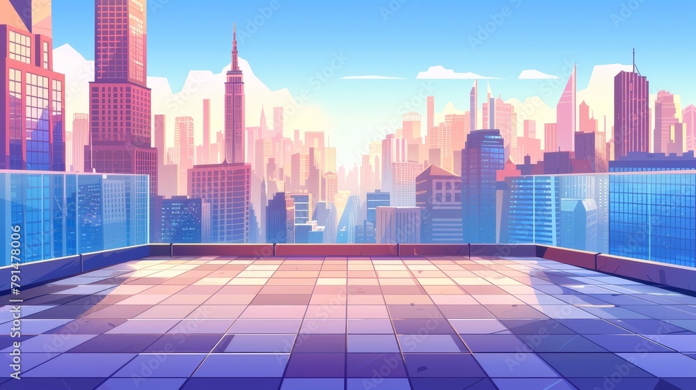A rooftop terrace overlooking city buildings and skyscrapers. Empty rooftop with downtown landscape background, modern cartoon illustration.