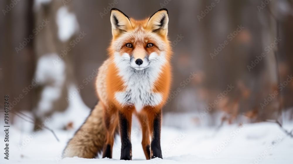 Fototapeta premium Fox on the winter forest meadow, with white snow. Red Fox hunting, Wildlife scene from Europe. Orange fur coat animal in the nature habitat.