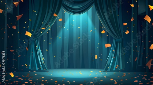 An announcement banner template for a show or festival. Blue draped curtains on a stage, golden confetti floating in the air, glowing text. photo