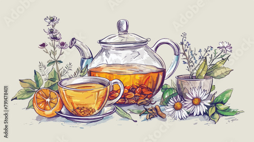 Colorful drawing of teapot transparent cup and origin