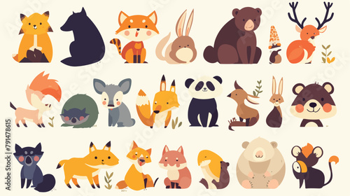 Cute animals with babies set. raccoon deer fox gira