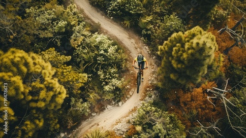 mountain biker navigating a winding trail through dense forest in an exhilarating outdoor adventure © buraratn