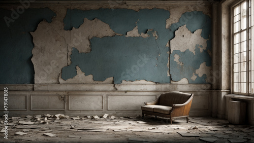 An abandoned room with peeling walls and scattered debris, an old leather chair stands in the corner of the room, and light comes through a dirty window photo