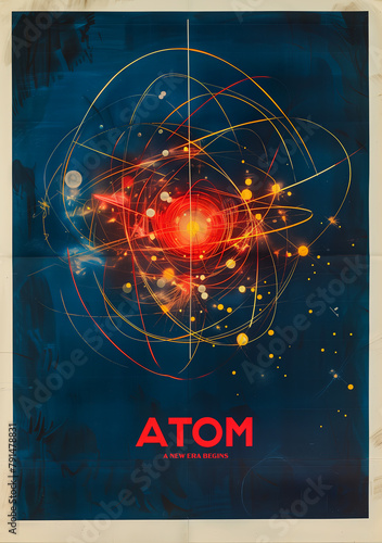 poster vintage style années 1950 qui représente un atome avec le texte "ATOM" en anglais