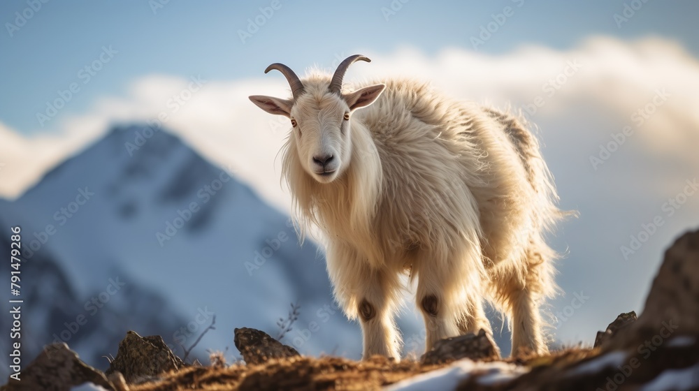 white goat in the mountains , look at the camera(wallpaper) white goat in the mountains , look at the camera(wallpaper)