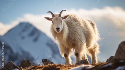 white goat in the mountains , look at the camera(wallpaper)