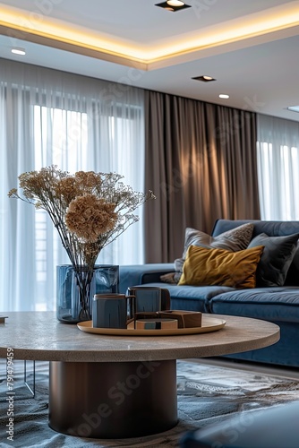 Modern Cozy Interior Design, Blue, Brown, and Yellow Palette