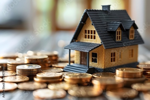 Miniature of a house surrounded by mountains of coins. Conceptual image of the real estate market and its economic speculation