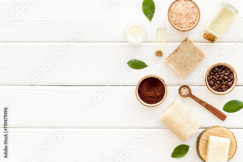 Spa coffee cosmetic set with body scrub and sea salt, top view