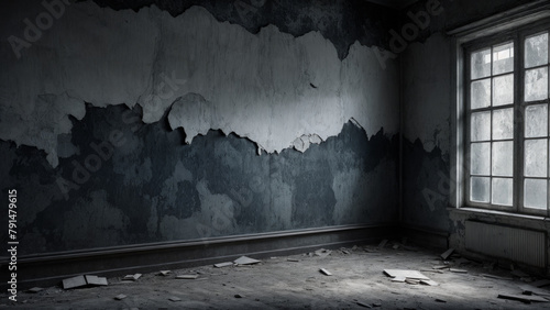Image of an empty room with peeling paint on the walls, scattered rubble and one window through which light enters, an atmosphere of abandonment and decay