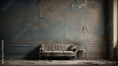 An elegant but abandoned interior with a classic sofa, a dilapidated wall and scattered rubble, an atmosphere of decline and oblivion contrasting with former luxury photo