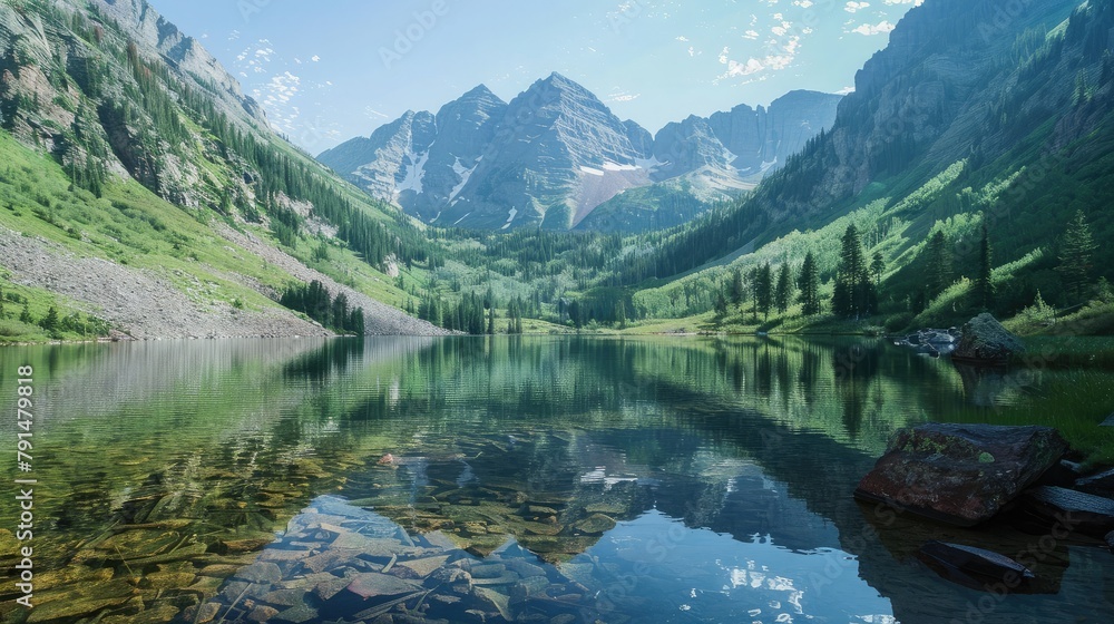 serene mountain lake nestled among towering peaks, reflecting the beauty of the surrounding landscape