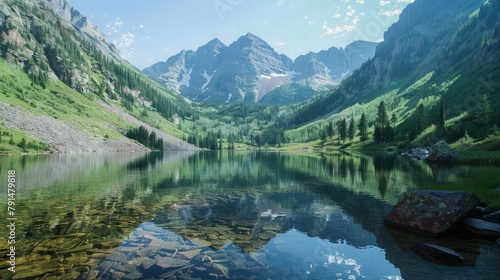 serene mountain lake nestled among towering peaks  reflecting the beauty of the surrounding landscape